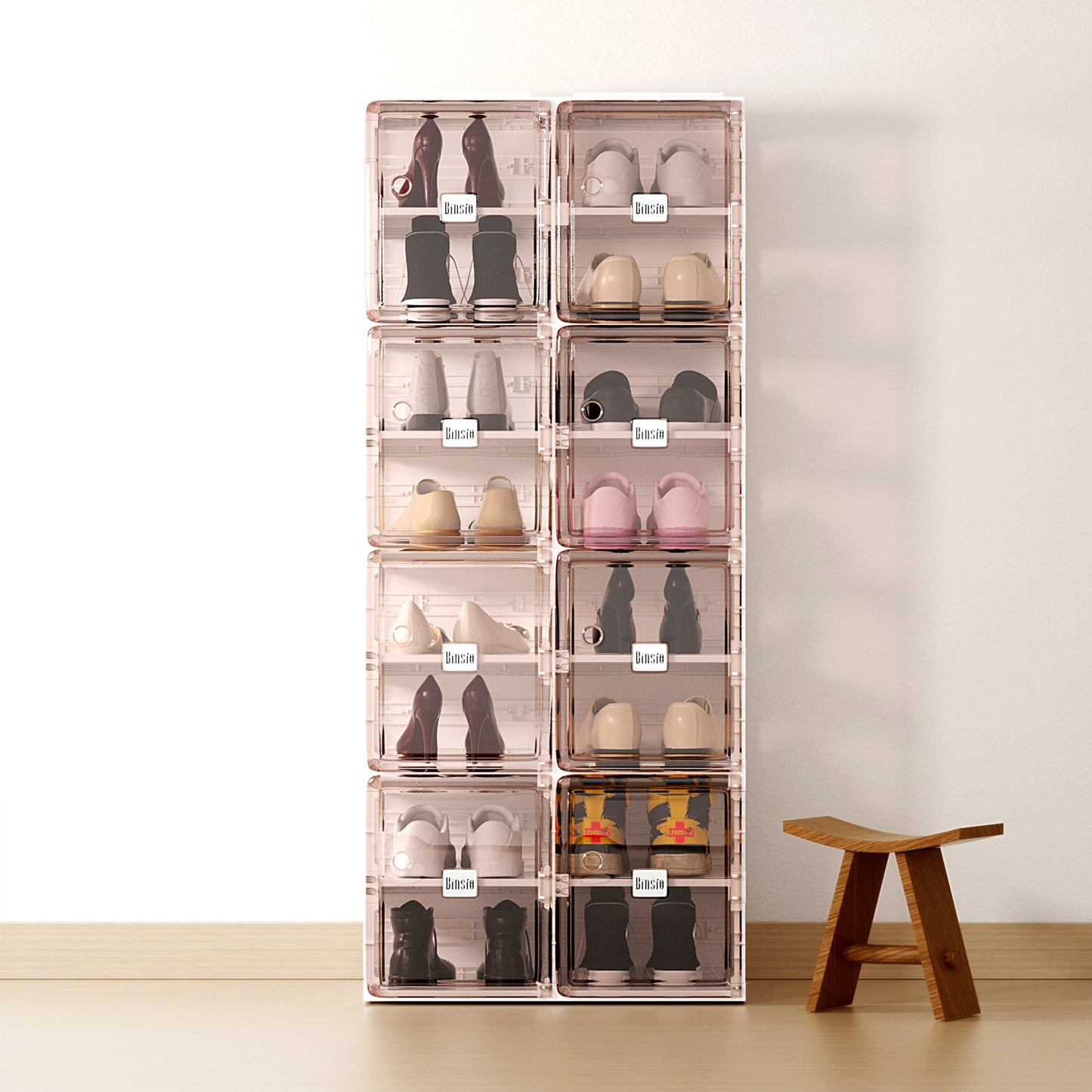 BINSIO Storage Organizer, Shoe Organizer for Closet / Entry Way, Foldable Shoe Rack Organizer with Visible Door, Fast Easy Assemble Shoe Boxes Cabinet, Reusable Slipper Holders, Durable Plastic Shoe Storage with Bronze Panel-8 Tiers