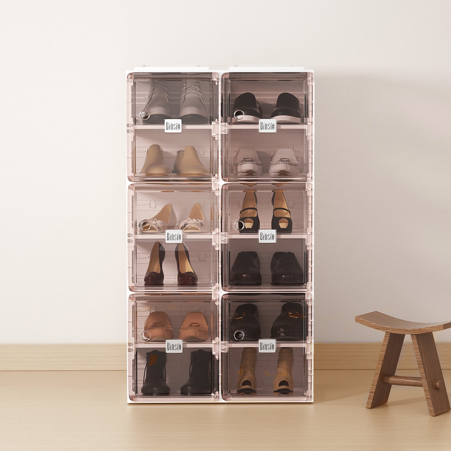 BINSIO Storage Organizer, Shoe Organizer for Closet / Entry Way, Foldable Shoe Rack Organizer with Visible Door, Fast Easy Assemble Shoe Boxes Cabinet, Reusable Slipper Holders, Durable Plastic Shoe Storage with Bronze Panel-6 Tiers