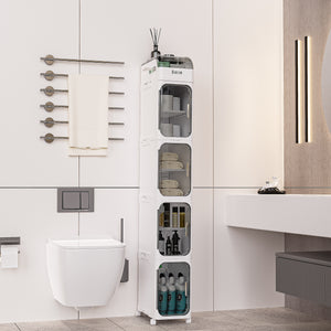 5-Tier Tall Narrow Storage Cabinet, Slim Rolling Storage Cabinet with Clear Doors, Adjustable Shelves, Foldable Organizer for Laundry Room, Kitchen Pantry, Utility Room and Small Spaces