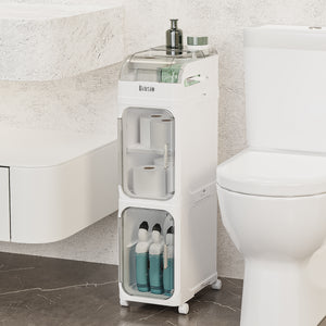 3-Tier Slim Bathroom Storage Cabinet, Rolling Toilet Paper Storage Cabinet with Clear Doors, Narrow Toilet Side Organizer for Small Bathrooms, Rolls, Wipes, Cleaners and Bathroom Essentials