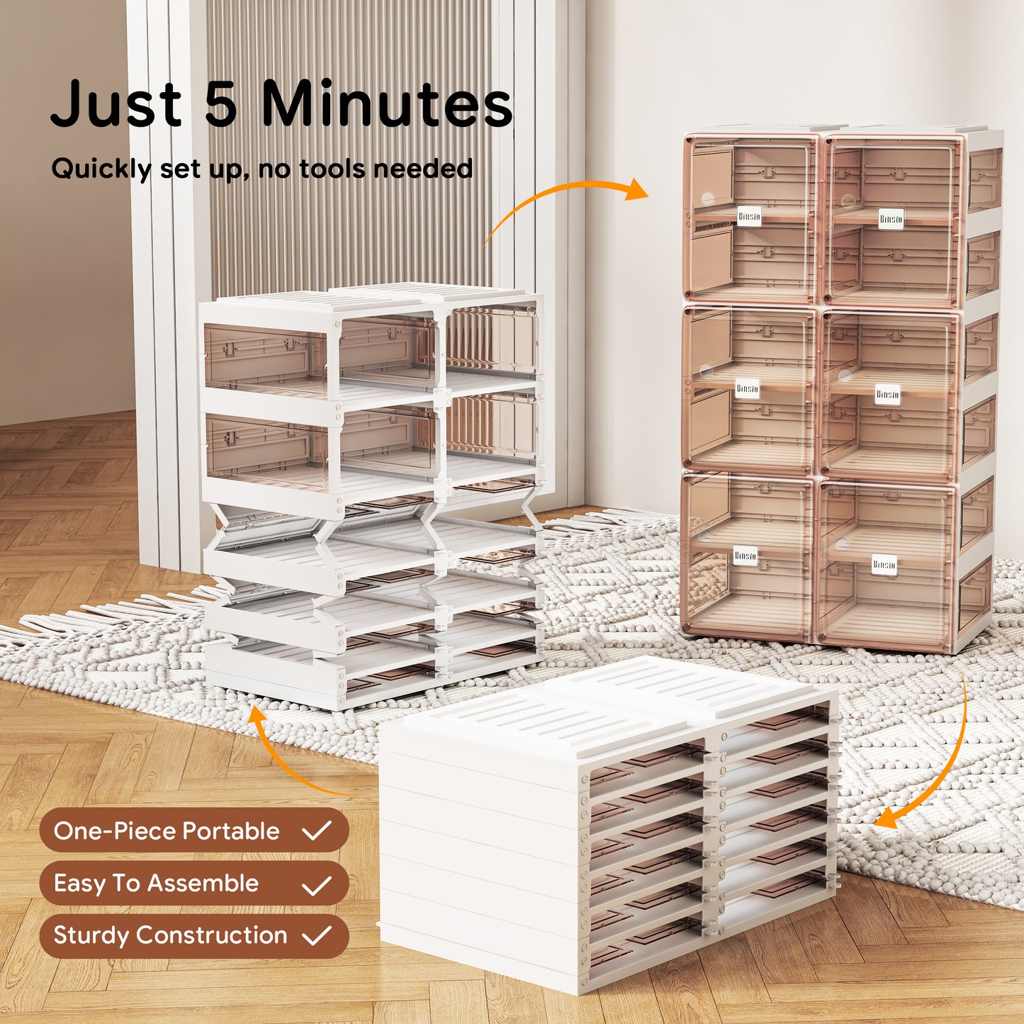 BINSIO Shoe Rack Closet Organizer and Storage, Portable for Entry Way, Foldable Boxes, Fast Easy Assemble Cabinet, One Piece Sturdy Plastic Shelf, Clear Brown Doors