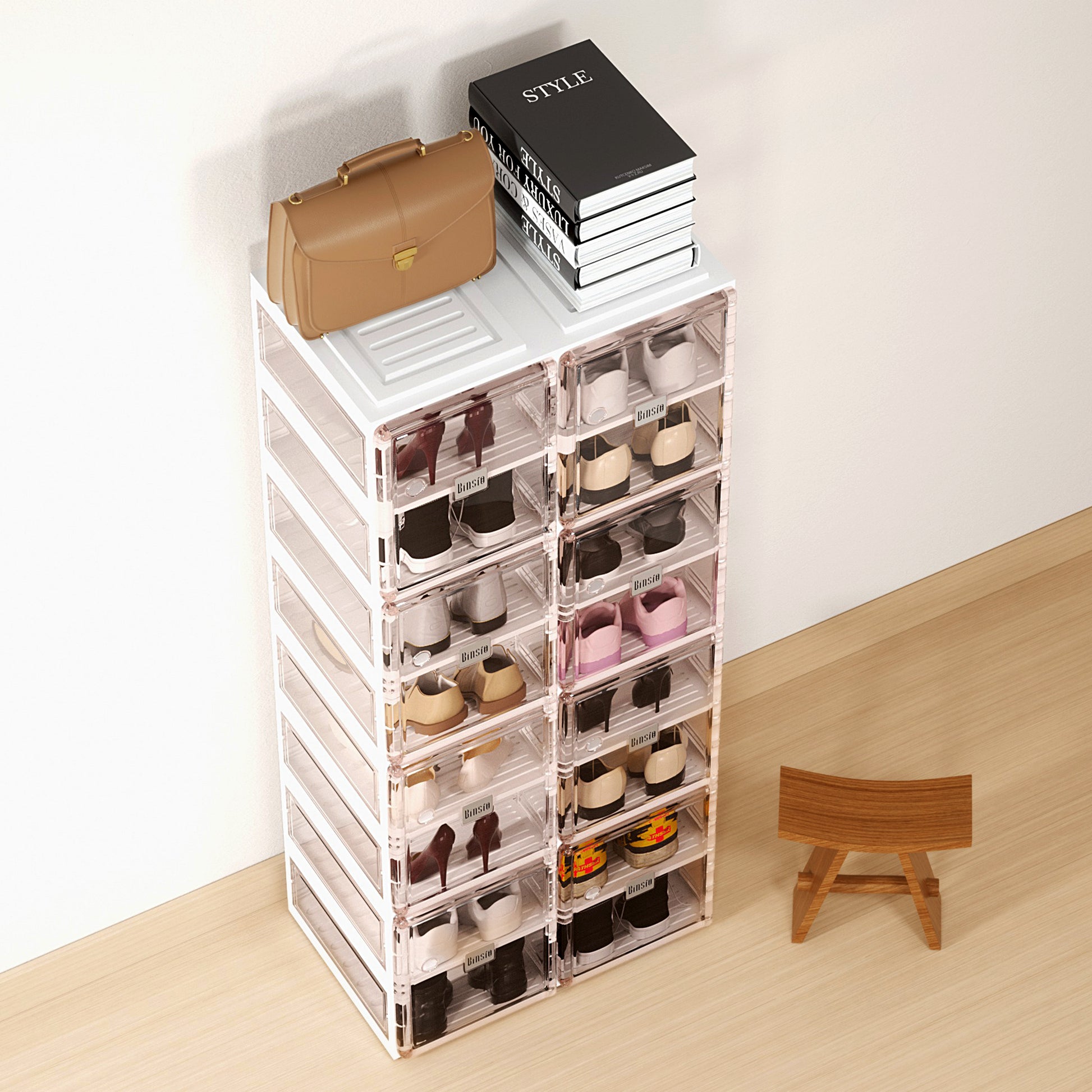  BINSIO Shoe Rack Closet Organizer and Storage, Portable for  Entry Way, Foldable Boxes, Fast Easy Assemble Cabinet, One Piece Sturdy  Plastic Shelf, Clear Brown Doors, 6 Tiers : Home & Kitchen